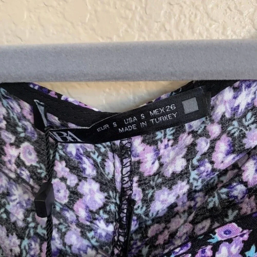 Zara Purple top floral long sleeve front drawstring size S boho bohemian